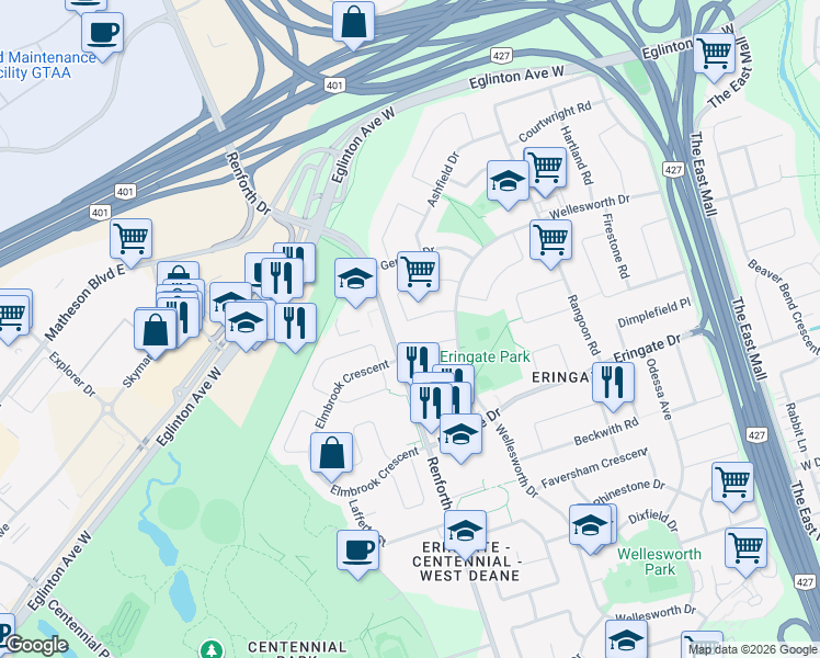 map of restaurants, bars, coffee shops, grocery stores, and more near 54 Risdon Court in Toronto