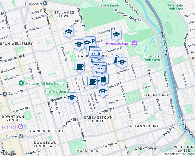 map of restaurants, bars, coffee shops, grocery stores, and more near 440 Parliament Street in Toronto
