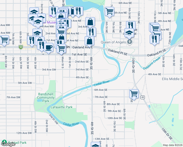map of restaurants, bars, coffee shops, grocery stores, and more near 412 4th Street Southeast in Austin