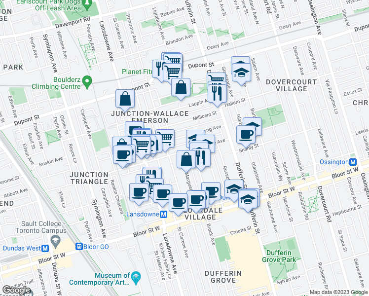 map of restaurants, bars, coffee shops, grocery stores, and more near 112 Wallace Avenue in Toronto