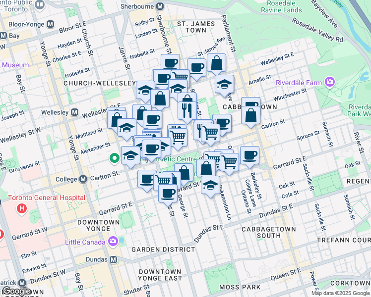 map of restaurants, bars, coffee shops, grocery stores, and more near 1 Homewood Avenue in Toronto
