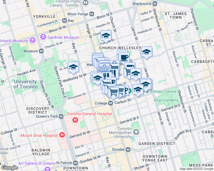 map of restaurants, bars, coffee shops, grocery stores, and more near 8 Alexander Street in Toronto