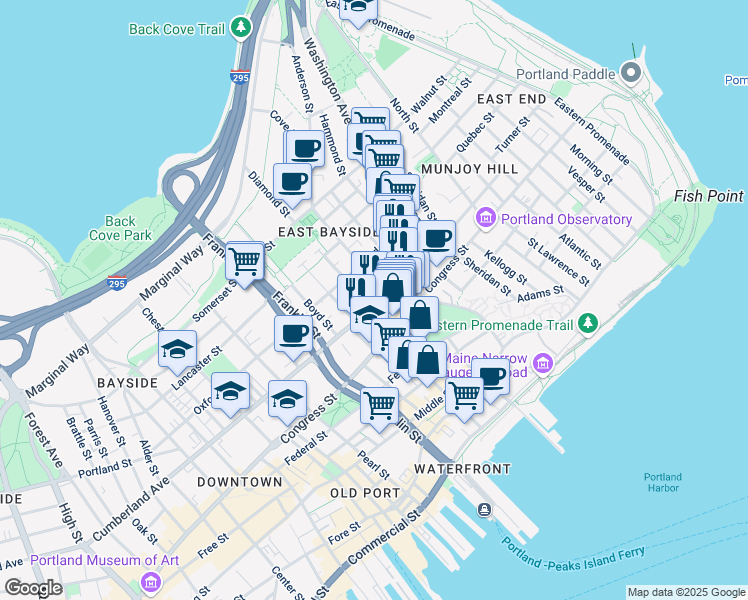 map of restaurants, bars, coffee shops, grocery stores, and more near 145 Cumberland Avenue in Portland