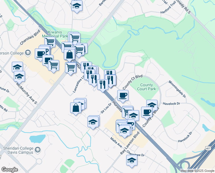 map of restaurants, bars, coffee shops, grocery stores, and more near 2 County Court Boulevard in Brampton