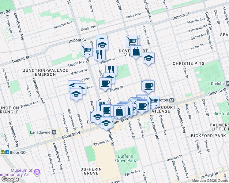 map of restaurants, bars, coffee shops, grocery stores, and more near 102 Bartlett Avenue in Toronto