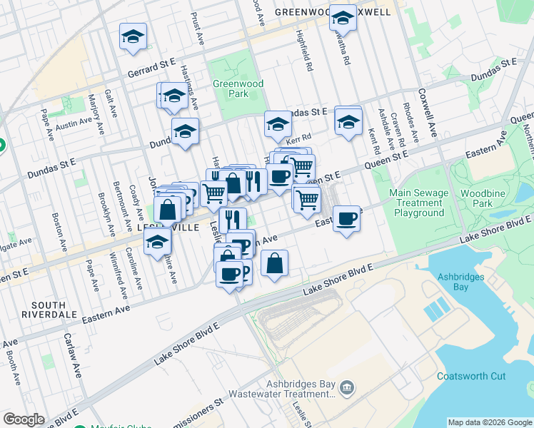 map of restaurants, bars, coffee shops, grocery stores, and more near 63 Laing Street in Toronto