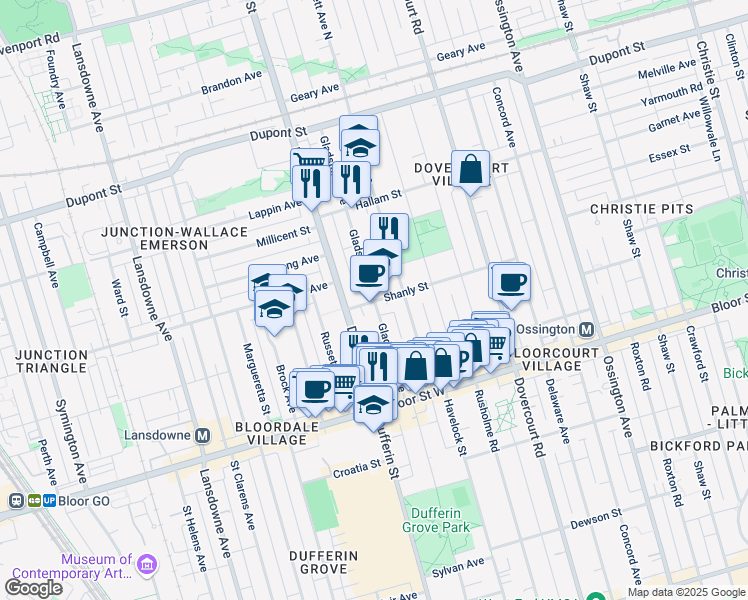 map of restaurants, bars, coffee shops, grocery stores, and more near Gladstone Avenue & Shanly Street in Toronto