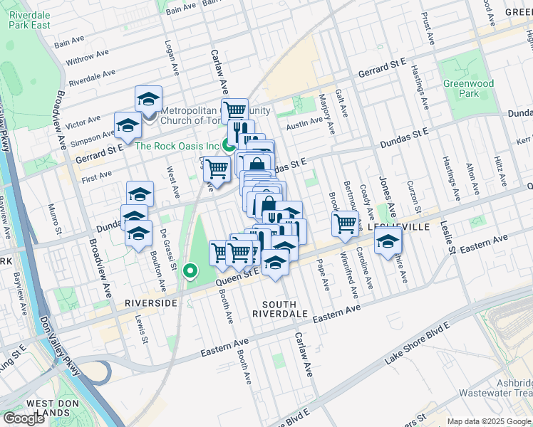 map of restaurants, bars, coffee shops, grocery stores, and more near 205-235 Carlaw Avenue in Toronto