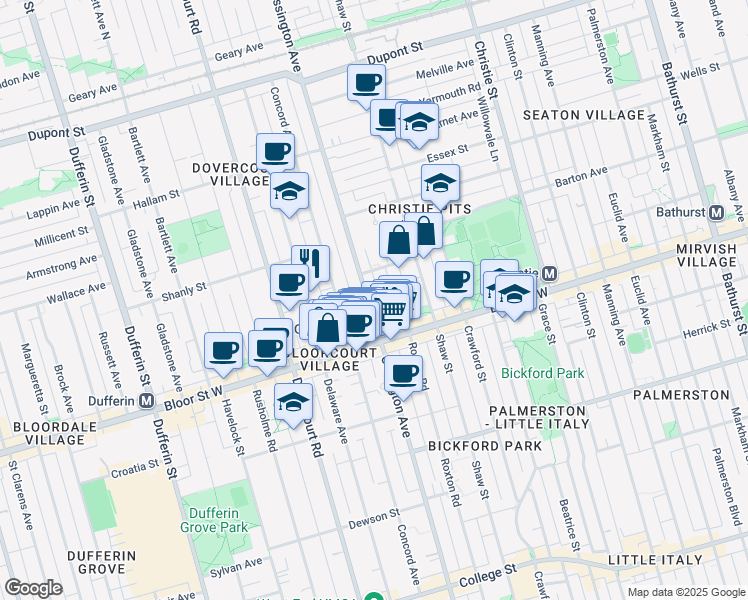map of restaurants, bars, coffee shops, grocery stores, and more near 775 Ossington Avenue in Toronto