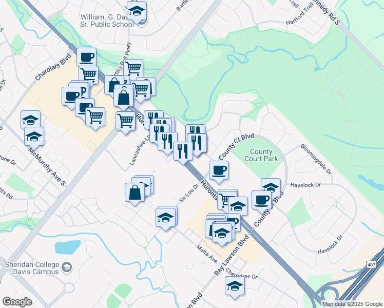 map of restaurants, bars, coffee shops, grocery stores, and more near 2 County Court Boulevard in Brampton