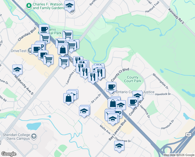 map of restaurants, bars, coffee shops, grocery stores, and more near 2 County Court Boulevard in Brampton