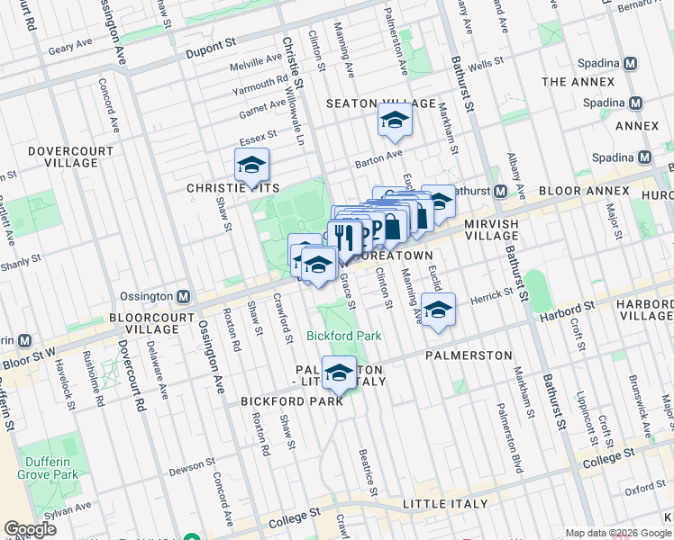 map of restaurants, bars, coffee shops, grocery stores, and more near 739 Bloor Street West in Toronto
