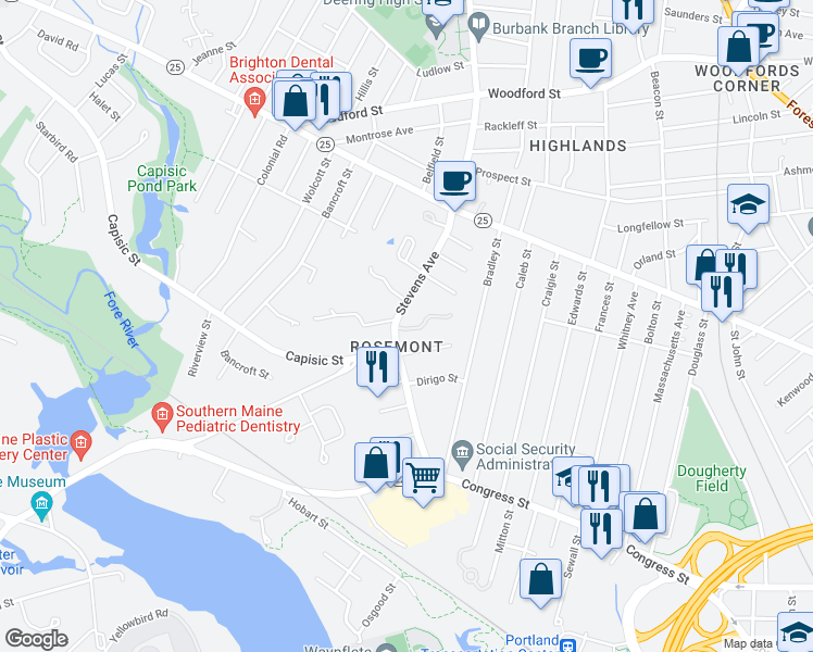 map of restaurants, bars, coffee shops, grocery stores, and more near 4 Coachlight Lane in Portland