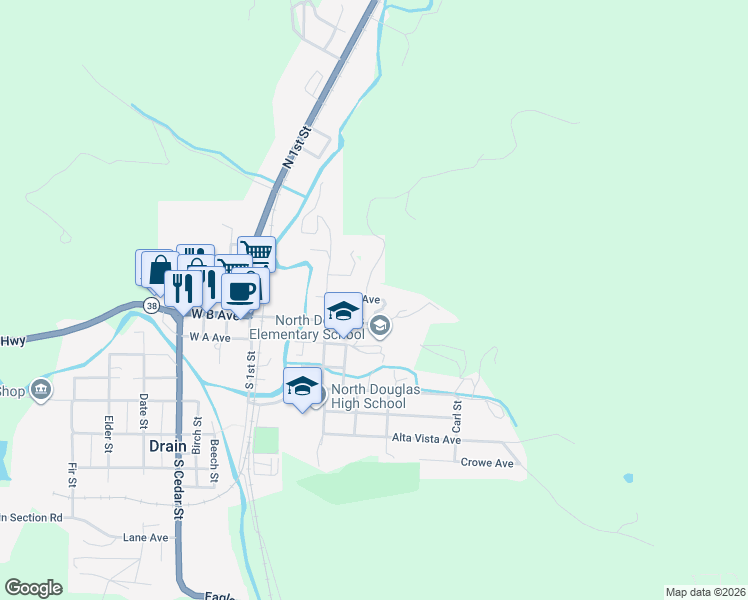 map of restaurants, bars, coffee shops, grocery stores, and more near 295 East C Avenue in Drain