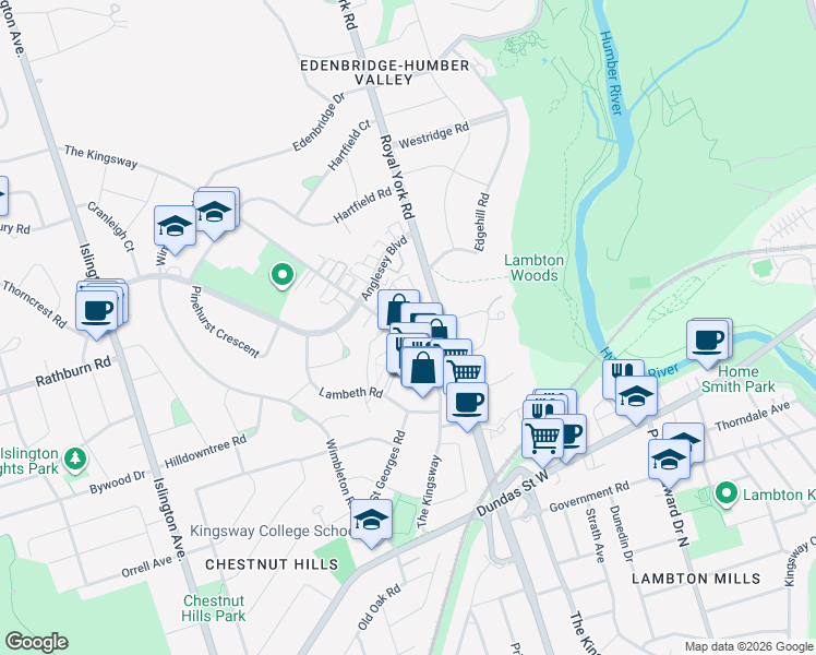 map of restaurants, bars, coffee shops, grocery stores, and more near 293 The Kingsway in Toronto