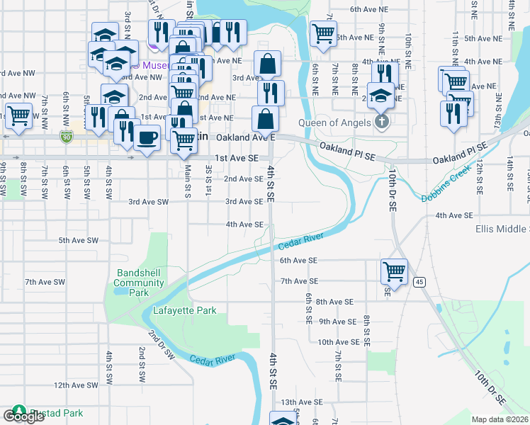 map of restaurants, bars, coffee shops, grocery stores, and more near 412 4th Street Southeast in Austin