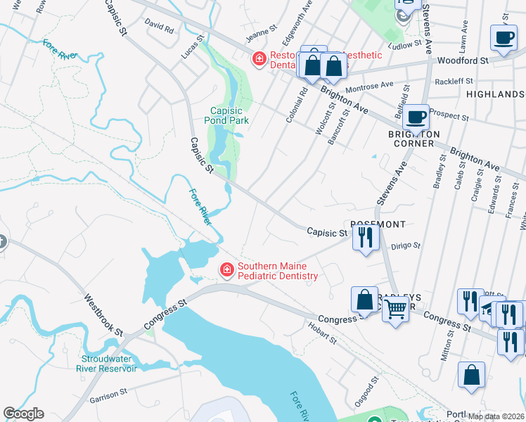 map of restaurants, bars, coffee shops, grocery stores, and more near 158 Capisic Street in Portland