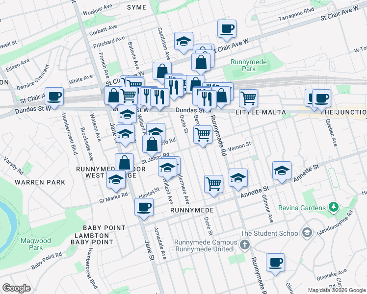 map of restaurants, bars, coffee shops, grocery stores, and more near 354 Saint Johns Road in Toronto
