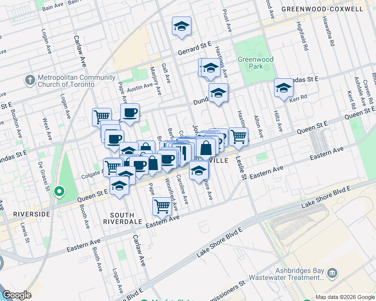 map of restaurants, bars, coffee shops, grocery stores, and more near 27 Coady Avenue in Toronto