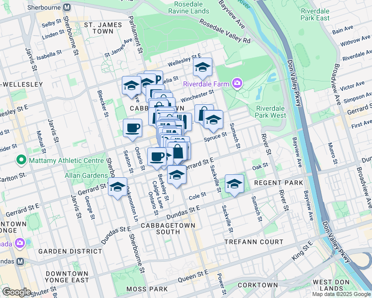 map of restaurants, bars, coffee shops, grocery stores, and more near 29 Spruce Street in Toronto