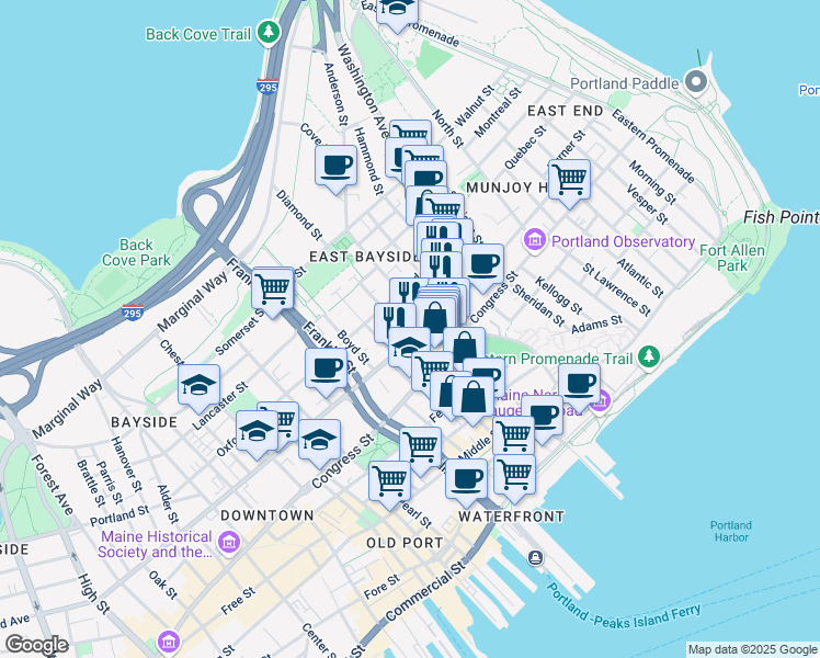 map of restaurants, bars, coffee shops, grocery stores, and more near 127 Cumberland Avenue in Portland