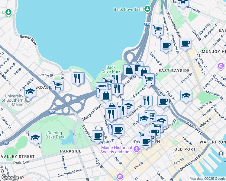 map of restaurants, bars, coffee shops, grocery stores, and more near 134 Marginal Way in Portland