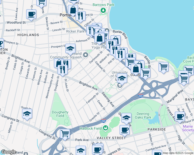 map of restaurants, bars, coffee shops, grocery stores, and more near 92 Pitt Street in Portland