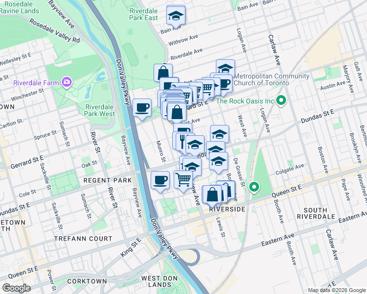 map of restaurants, bars, coffee shops, grocery stores, and more near in Toronto