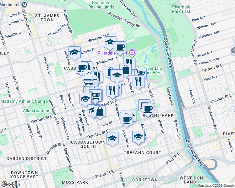 map of restaurants, bars, coffee shops, grocery stores, and more near in Toronto