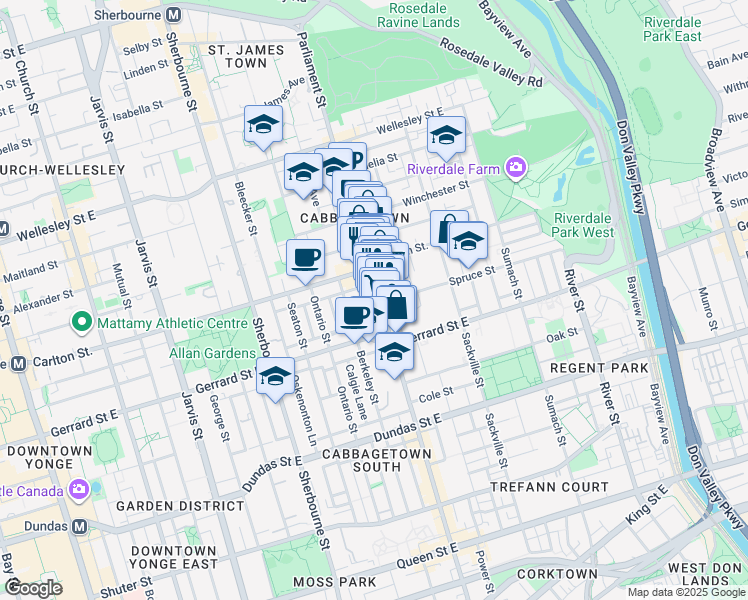 map of restaurants, bars, coffee shops, grocery stores, and more near in Toronto