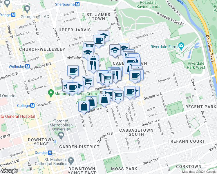 map of restaurants, bars, coffee shops, grocery stores, and more near in Toronto