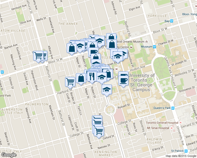 map of restaurants, bars, coffee shops, grocery stores, and more near in Toronto