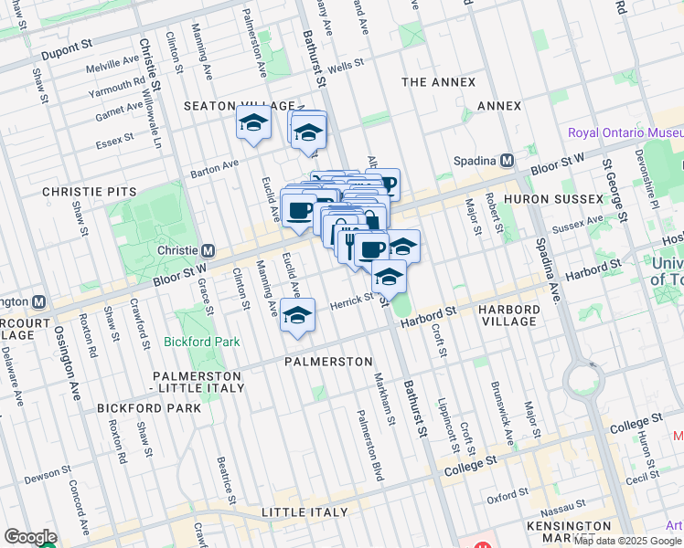 map of restaurants, bars, coffee shops, grocery stores, and more near in Toronto