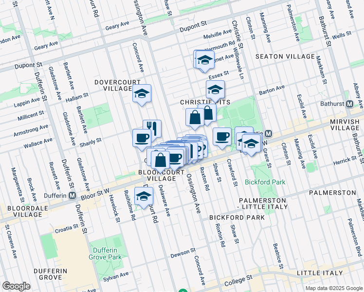 map of restaurants, bars, coffee shops, grocery stores, and more near in Toronto