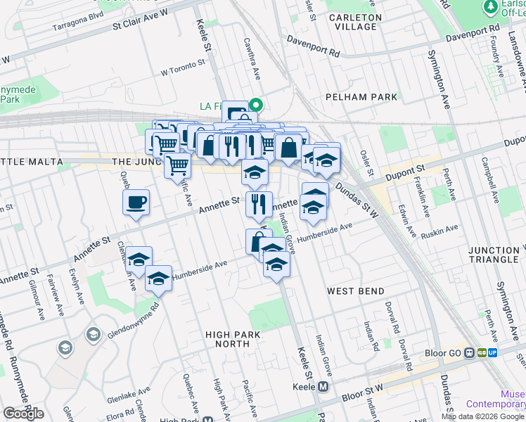 map of restaurants, bars, coffee shops, grocery stores, and more near in Toronto