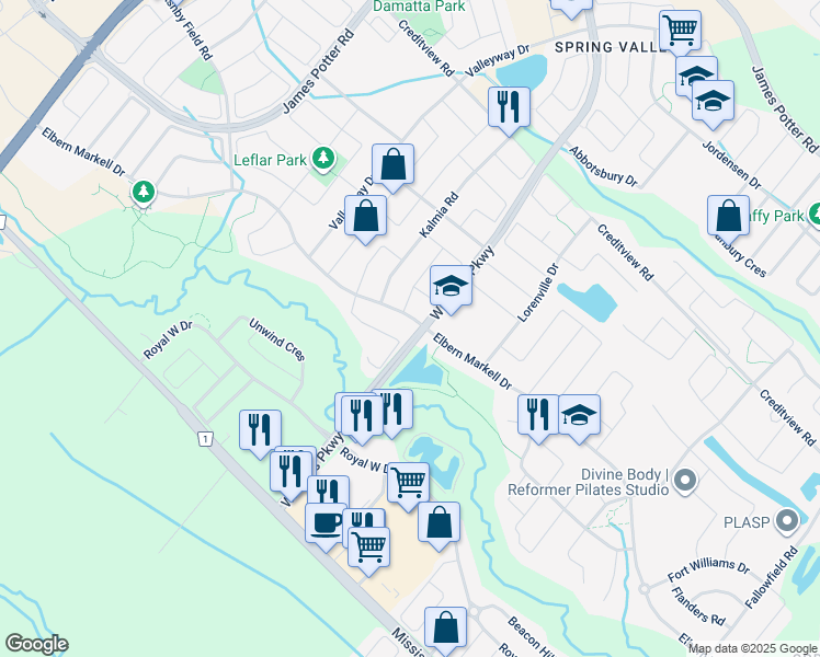 map of restaurants, bars, coffee shops, grocery stores, and more near in Brampton