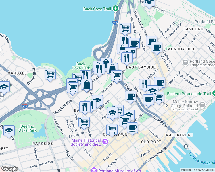 map of restaurants, bars, coffee shops, grocery stores, and more near 9 Somerset Street in Portland