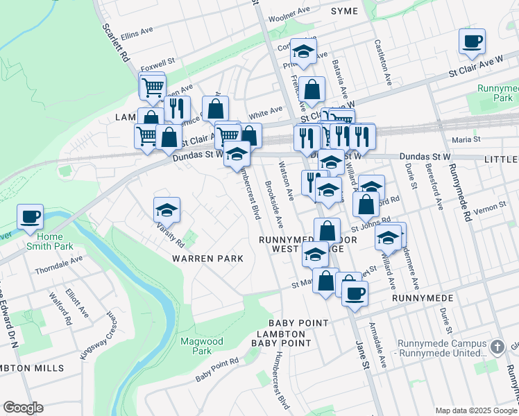 map of restaurants, bars, coffee shops, grocery stores, and more near 213 Humbercrest Boulevard in Toronto