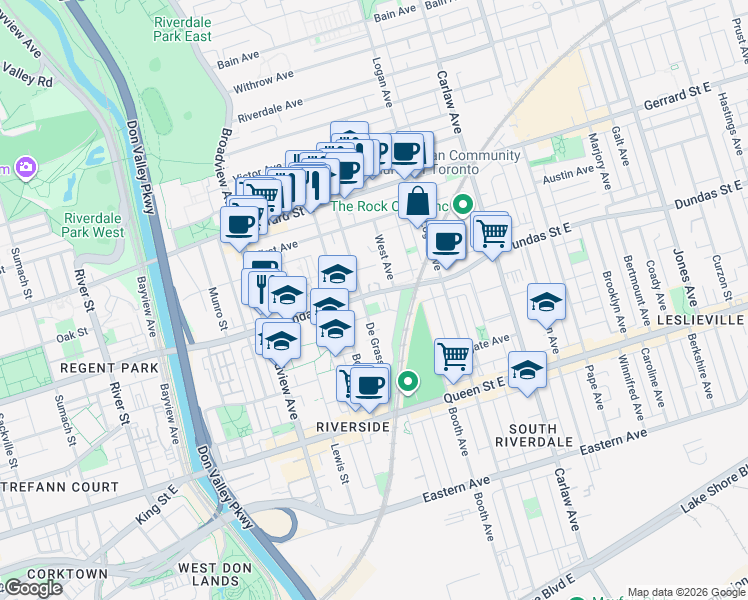 map of restaurants, bars, coffee shops, grocery stores, and more near 995 Dundas Street East in Toronto