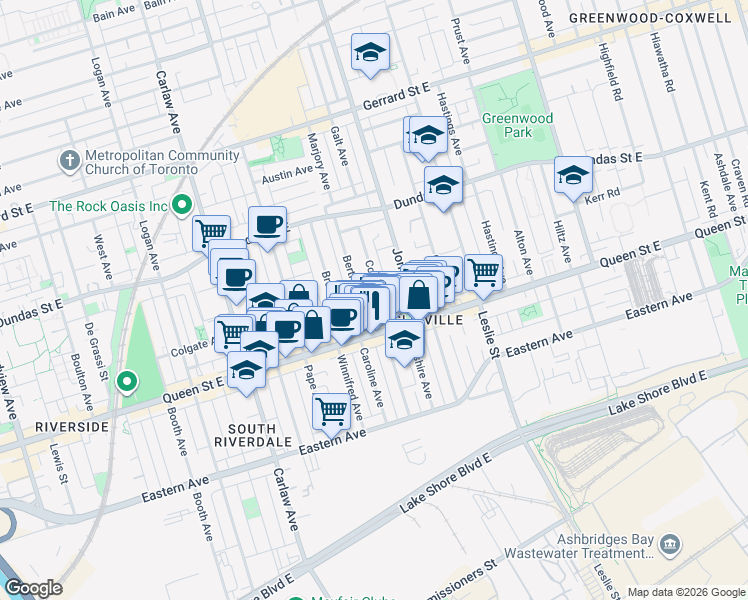 map of restaurants, bars, coffee shops, grocery stores, and more near 30 Coady Avenue in Toronto