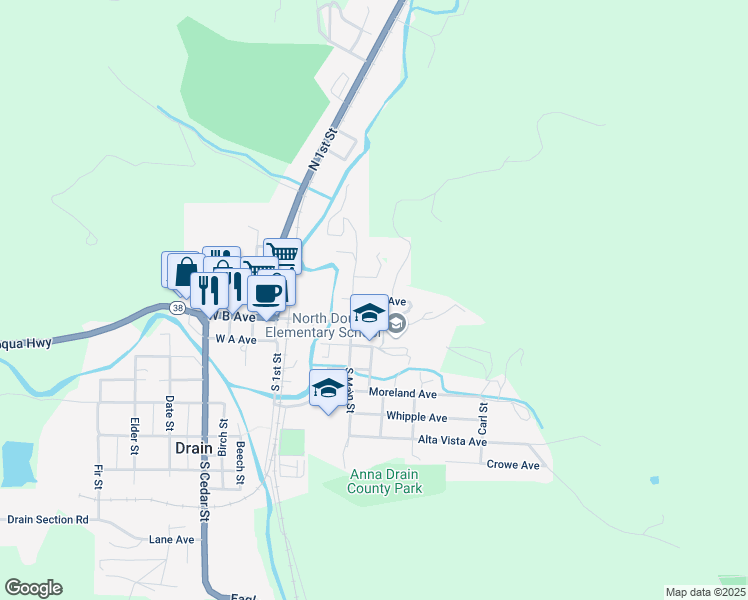 map of restaurants, bars, coffee shops, grocery stores, and more near North School Street in Drain