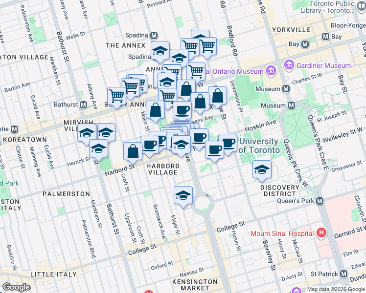 map of restaurants, bars, coffee shops, grocery stores, and more near 656 Spadina Avenue in Toronto