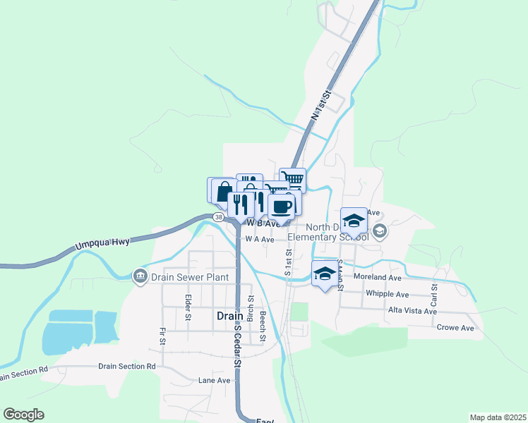 map of restaurants, bars, coffee shops, grocery stores, and more near 231 W C Ave in Drain