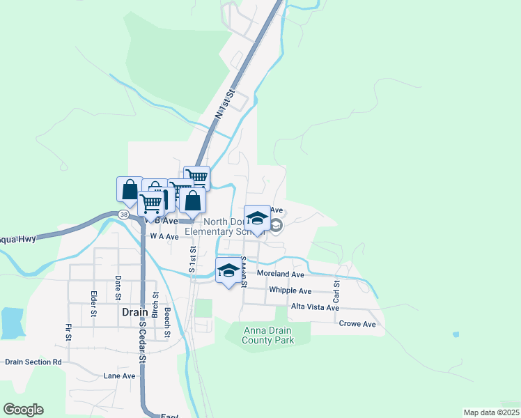 map of restaurants, bars, coffee shops, grocery stores, and more near North School Street in Drain