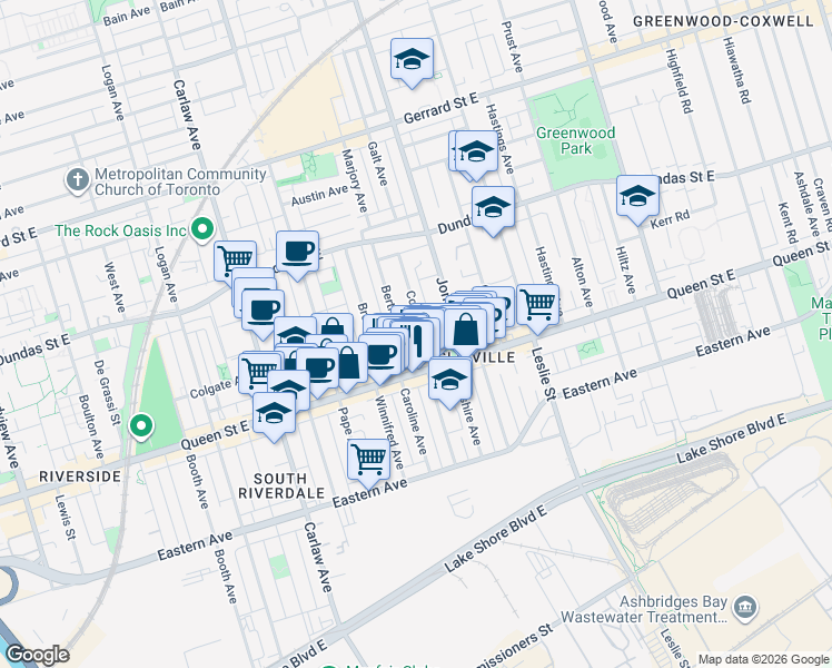 map of restaurants, bars, coffee shops, grocery stores, and more near in Toronto