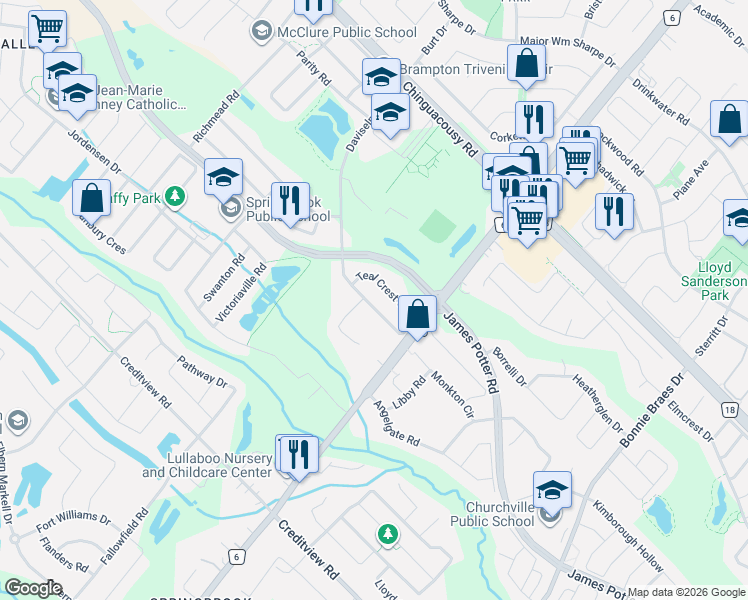 map of restaurants, bars, coffee shops, grocery stores, and more near 19 Teal Crest Circle in Brampton