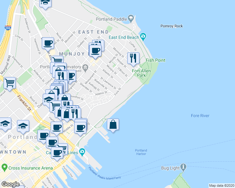 map of restaurants, bars, coffee shops, grocery stores, and more near 26R Fore Street in Portland