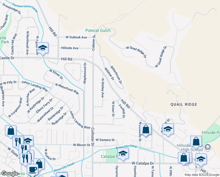 map of restaurants, bars, coffee shops, grocery stores, and more near 4531 Hill Road in Boise