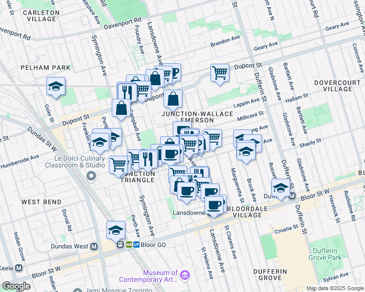 map of restaurants, bars, coffee shops, grocery stores, and more near 696 Lansdowne Avenue in Toronto