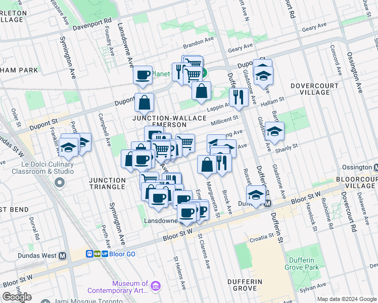 map of restaurants, bars, coffee shops, grocery stores, and more near 135 Emerson Avenue in Toronto